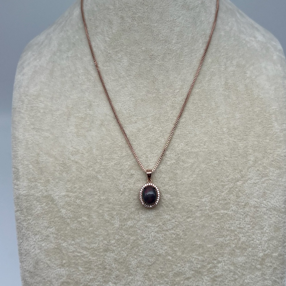 Elegant Rose Gold Welo Ethiopian Black Fire Opal w/CZ Pendant Necklace